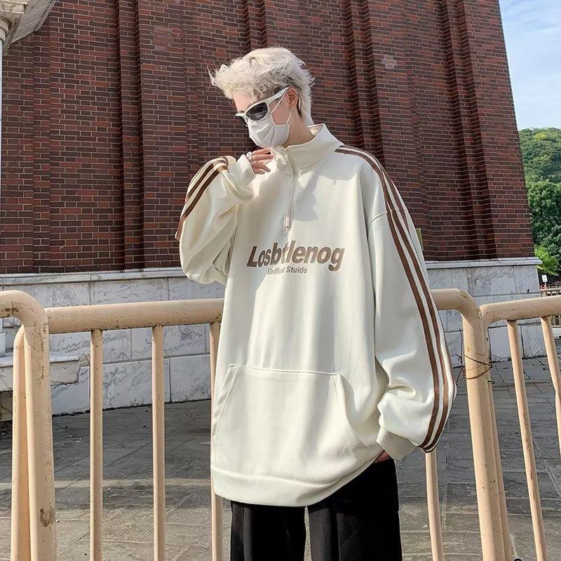 

Sweater stand-up collar striped spring and autumn American retro half zipper high street men s trendy coat oversize heavy top 3XL абрикосовий