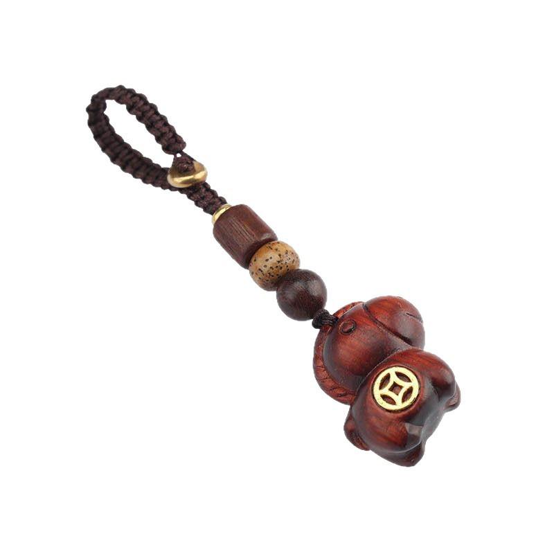 Chinese Style Sandalwood Horse Copper Coin Keychain & Phone Charm