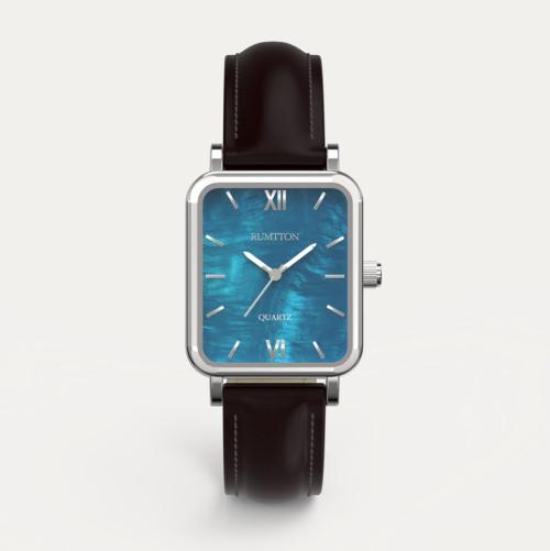 [RUMTON] Мужские часы RUMTON с перламутром, кожаным ремешком, цвет  Harbor Blue  (Синий гавань), серебристый, темно-коричневый One Size
