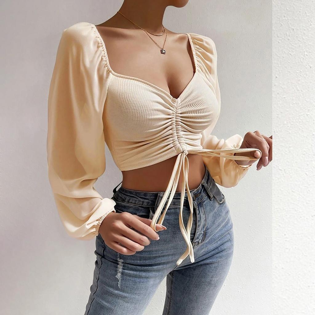Ladies Casual Solid Color Square Neck Pullover Mesh Splicing Sexy Fashion Top
