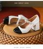 Inspired Mary Jane Thick-heeled Shoes for Women; Round-toed Design with One-word Strap and Pearl Color Accents, Versatile and Stylish.