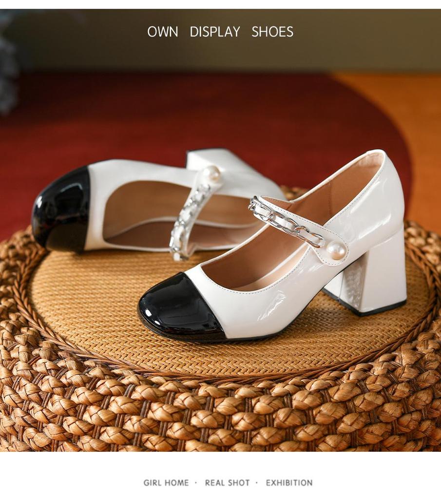 Inspired Mary Jane Thick-heeled Shoes for Women; Round-toed Design with One-word Strap and Pearl Color Accents, Versatile and Stylish.