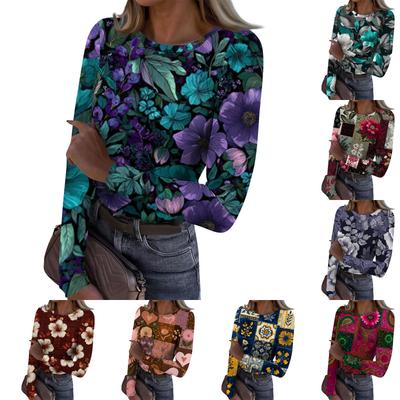 Women's Casual Fashion Round Neck Retro Print Long Sleeve Ribbed Top