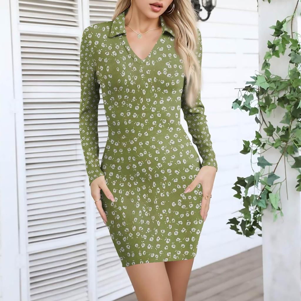 Women's V-neck Casual Print Long-sleeved Fitted Dress