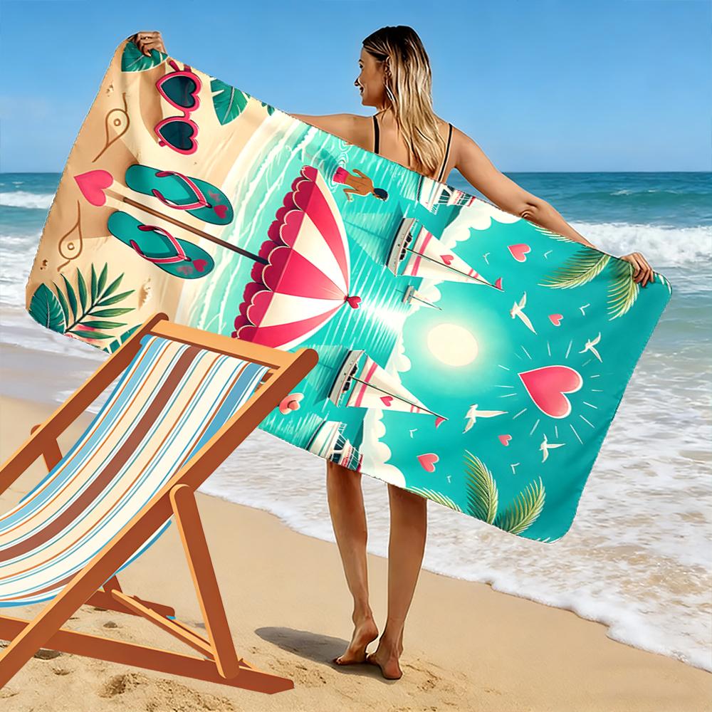 Romantic Beach Scene with Hearts Design Beach towel quick-drying for travel outdoor sports jogging beach and swimming