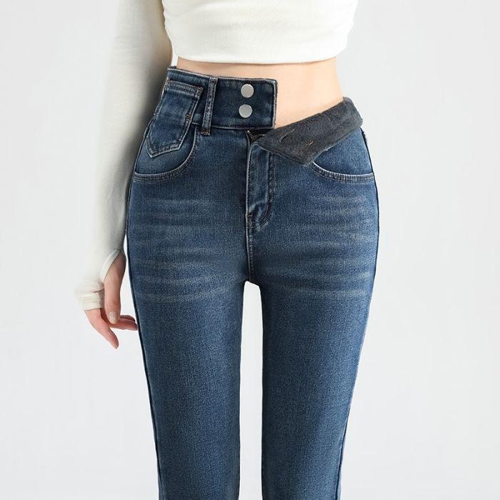 New autumn and winter women's clothing velvet jeans, thin high-waisted breasted leggings, versatile women's pants