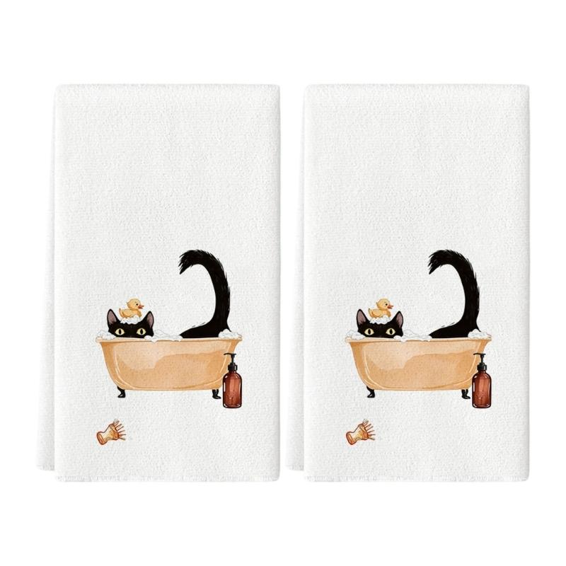 Set of 2 Decorsative Cats Themed Kitchen Towels Quick Drying Dishcloths Hand Towel For Countertop Decors Practical Use