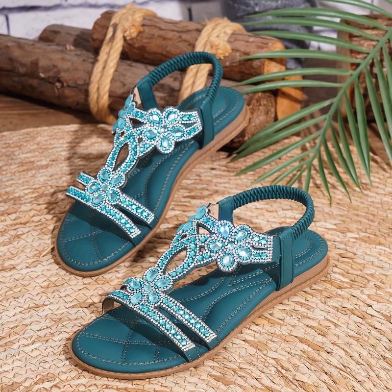 Fashion 2025 New Summer Women's Rhinestone Design Flat Sandals Bohemian Style Comfortable Lightweight hollow Breathable Elegant Shoes