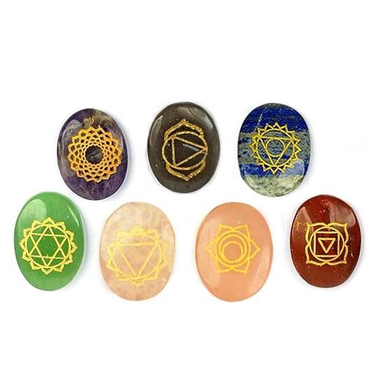 Set of 7 Pcs 7 Chakra Symbol Engraved Set Healing Gemstone for Reiki Healing Crystal Healing