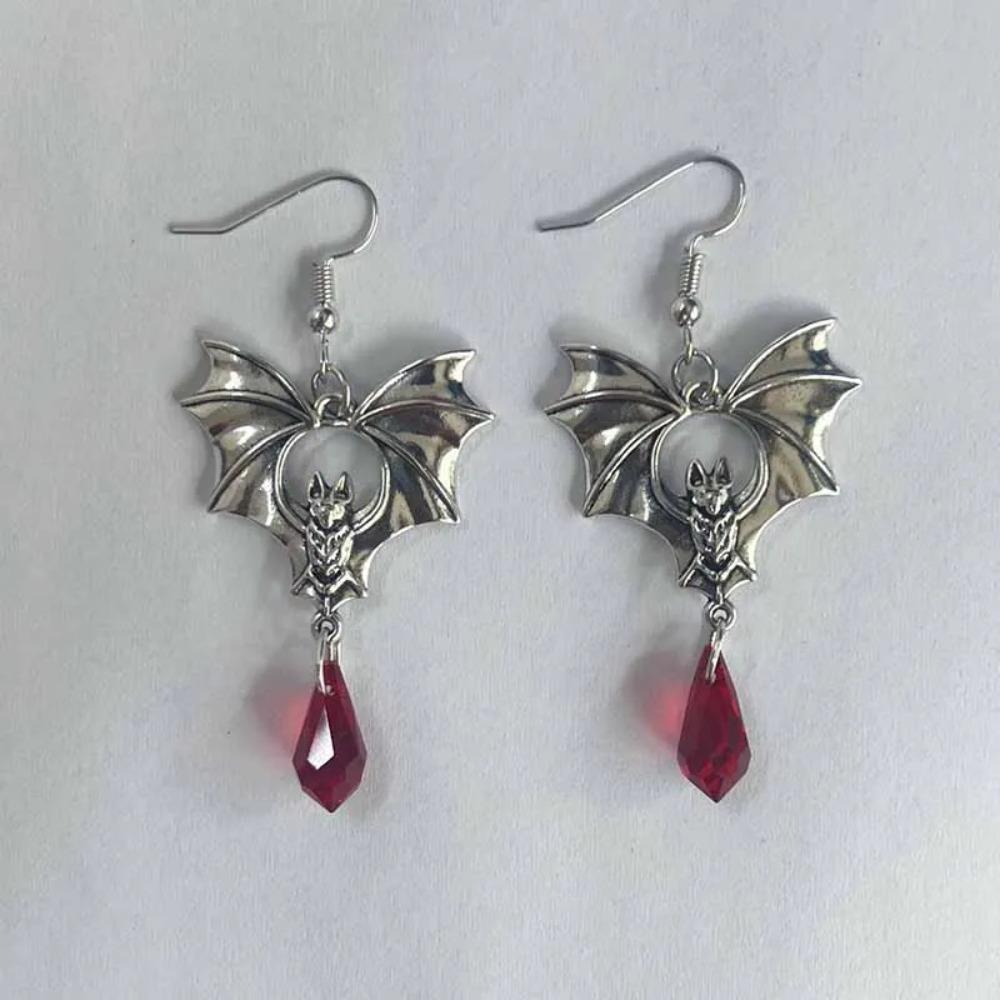 Gothic Vampire Bat Earrings for Women Man Fashion Witch Jewelry Accessories Red Crystal Vintage Bat Pendant Ear Hooks