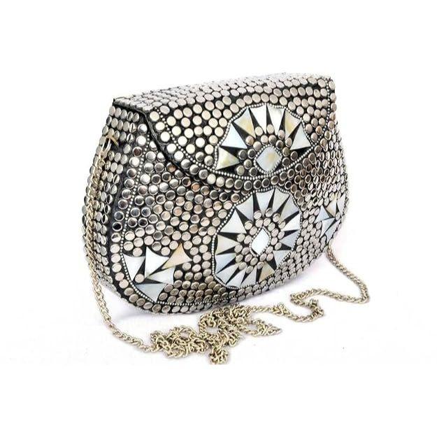 Vintage Bridal Women's Antique Brass Purse Ethnic Handmade Metal Clutch Bag Silver