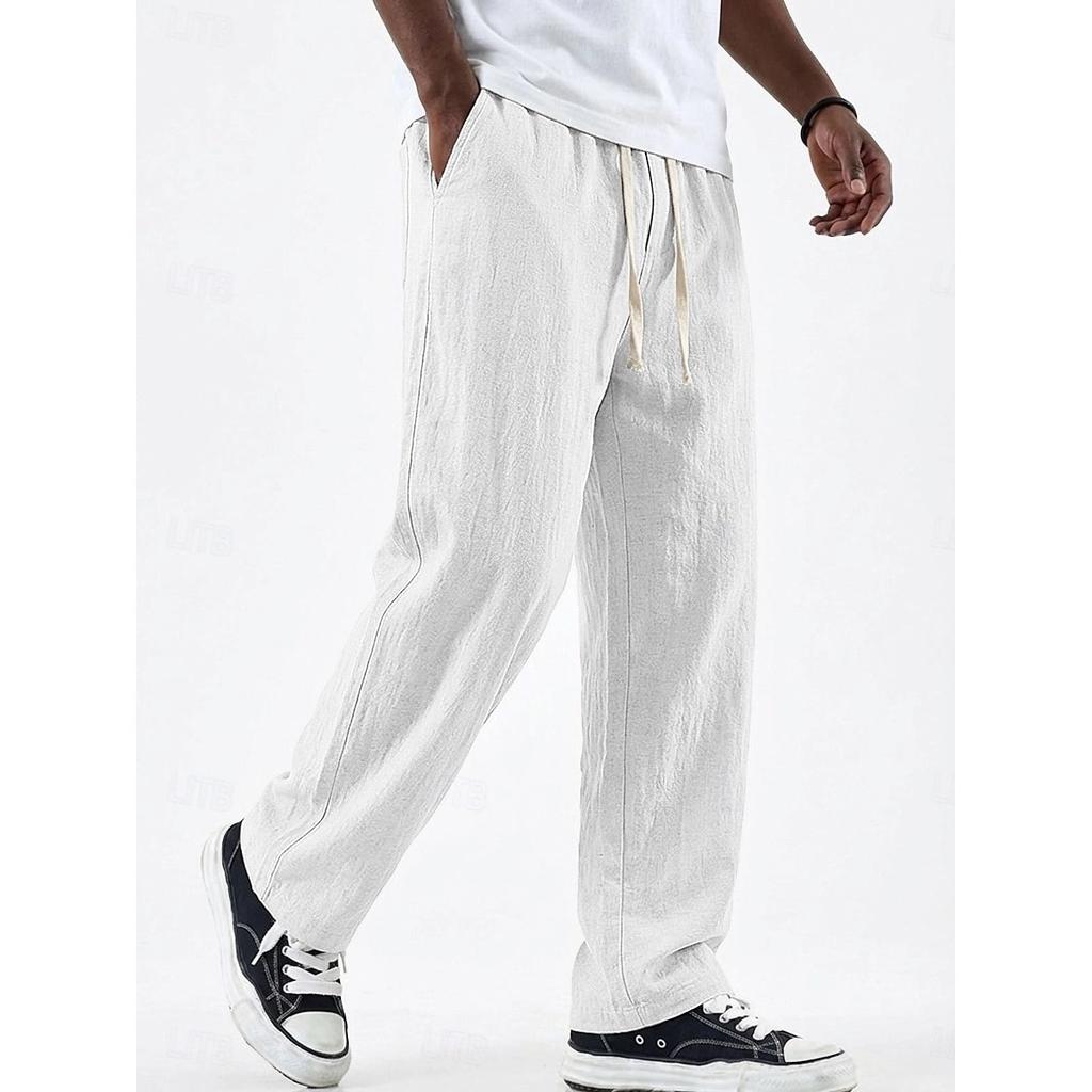 Spring Summer Men's Old Money Style Linen Cotton Loose Straight Wide Leg Trousers Drawstring Casual Pants