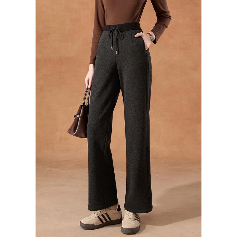 Kebell Women's Black High-Waist Straight Wide-Leg Drawstring Casual Pants