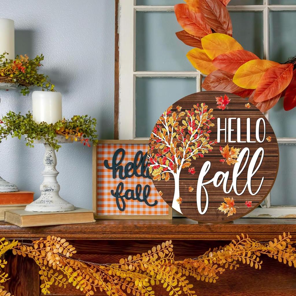 Whaline Hello Fall Wooden Hanging Sign Maple Tree Front Door Sign Autumn Thanksgiving Welcome Sign for Harvest Indoor Outdoor Home Porch Wall Decor