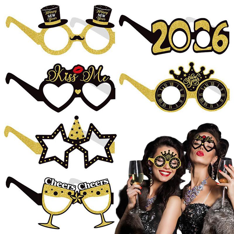 2026 New Year Paper Glasses 6/12pcs Festive New Year's Eve Party Glasses Fun Photo Props Party Eve Decoration Universal Size
