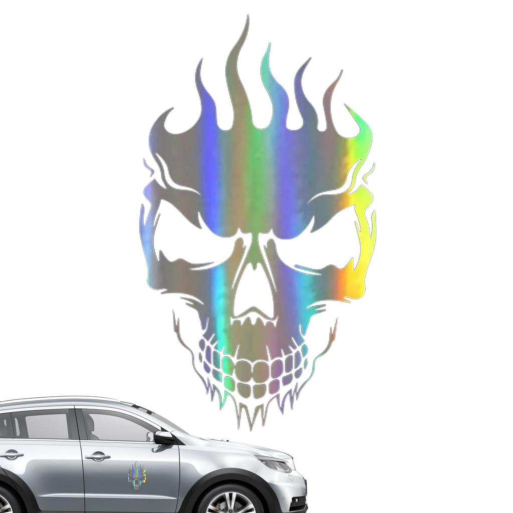 Reflective Skull Sticker - 10" Waterproof Car Decal, Flaming Skull Design, PVC Adhesive Stripes