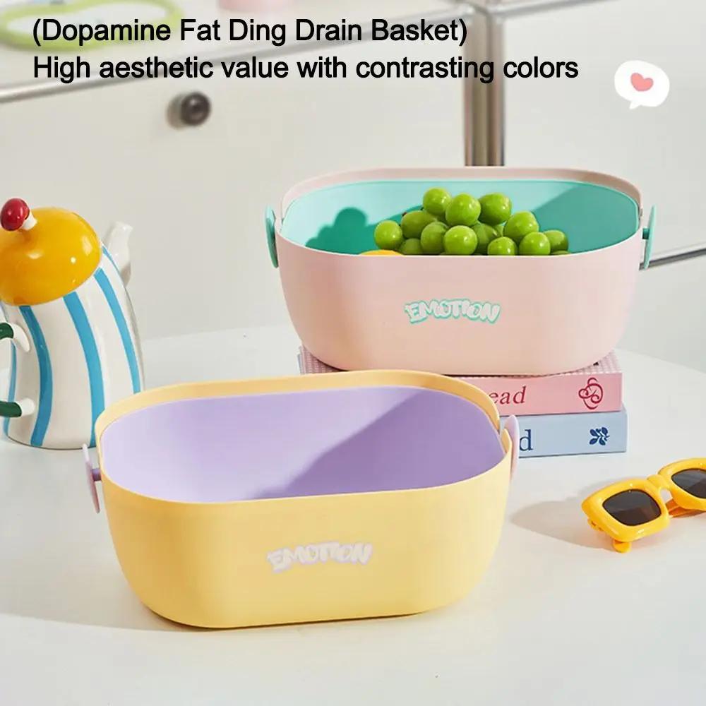 Cute Dopamine Two-color Vegetable and Fruit Washing Basin Large Capacity Double-Layer Drain Basket Kitchen Storage Basket