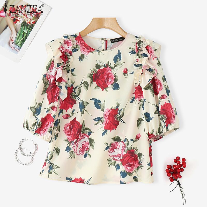 ZANZEA Women Casual Round Neck Floral Print Short Sleeve Blouse