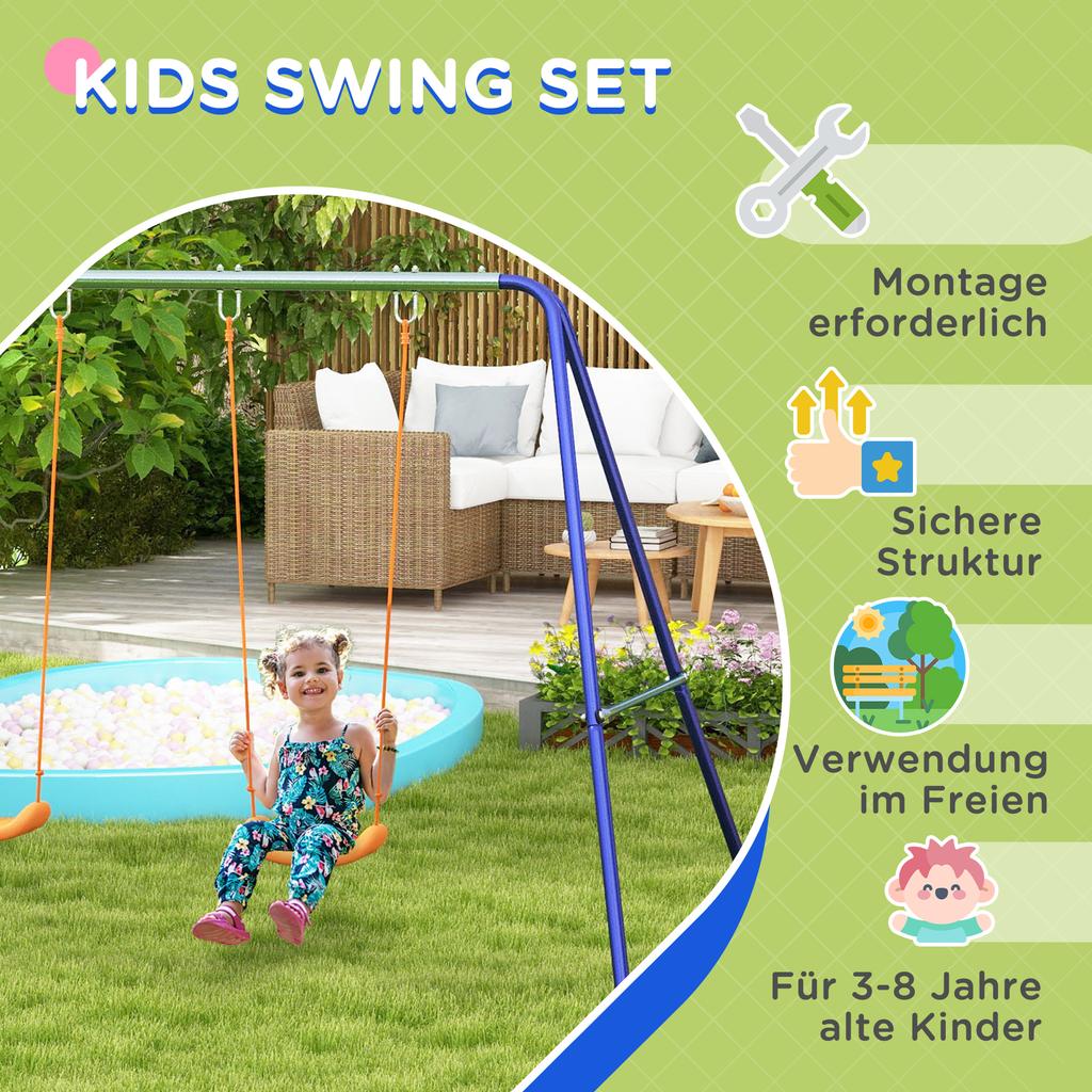 Kids' Swing Set with 2 Swing Seats, for 3-8 Years, Steel, 2.7 x 1.6 x 1.8 m