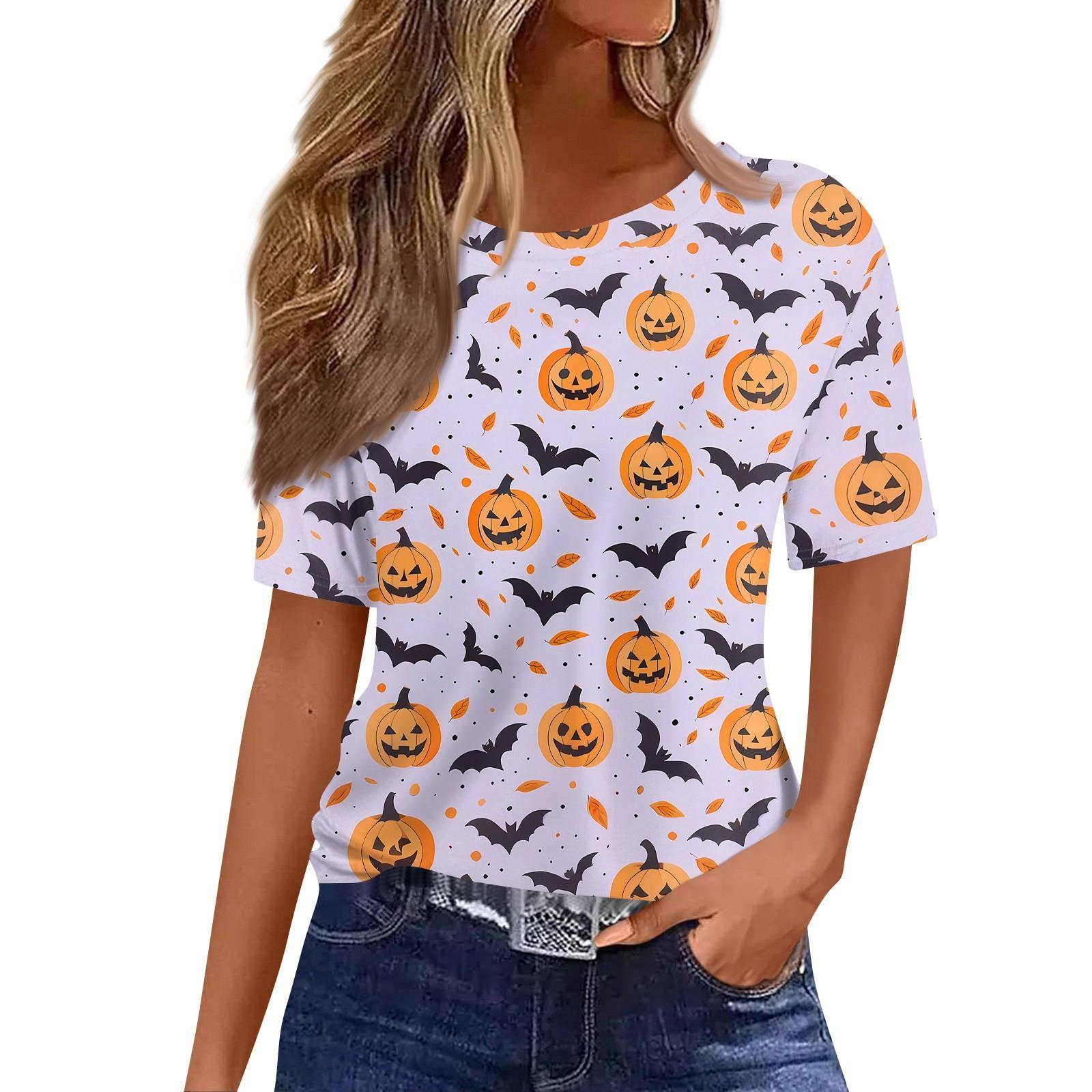 

Women s Fashionable Casual Short Sleeve Halloween Print Round Neck Pullover Top S