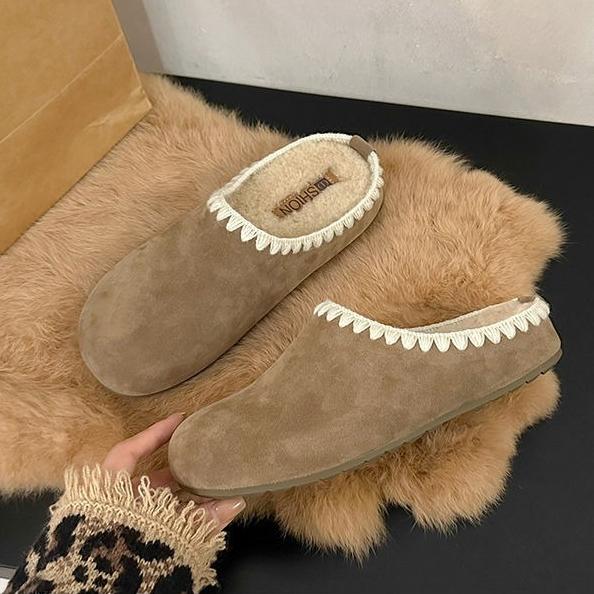 Winter New Thick Bottom Baotou Warm Women's Slippers Round Toe Lace Thickened Plush Cotton Shoes Brown Korean Version Slippers