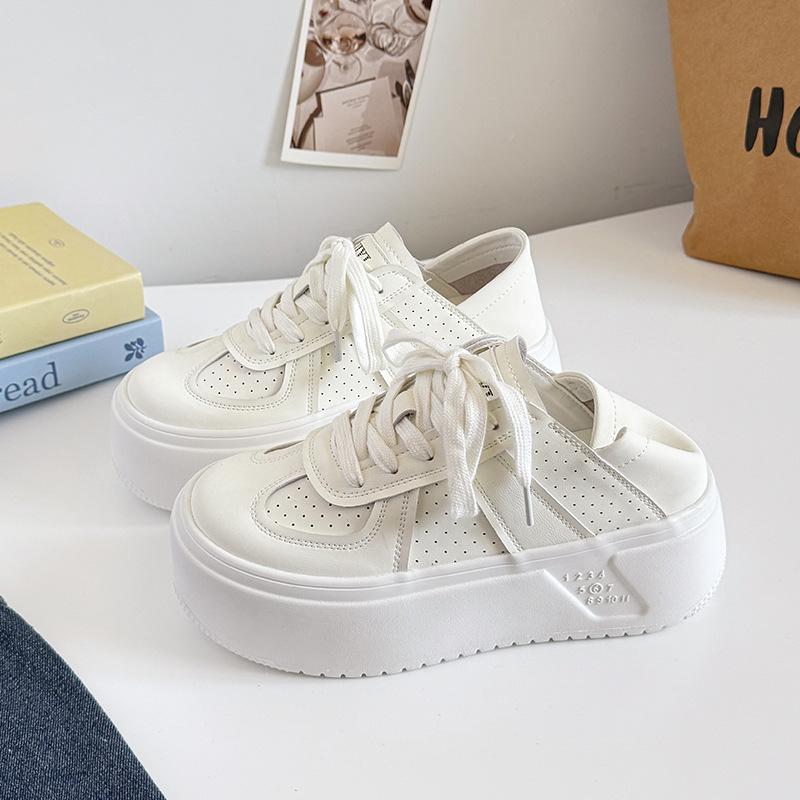 

Women s Round Toe Soft Leather Thick Bottom Sneakers Laced Sport Casual Double Wear Yellow Trendy Summer Flats 37 брудно-білий