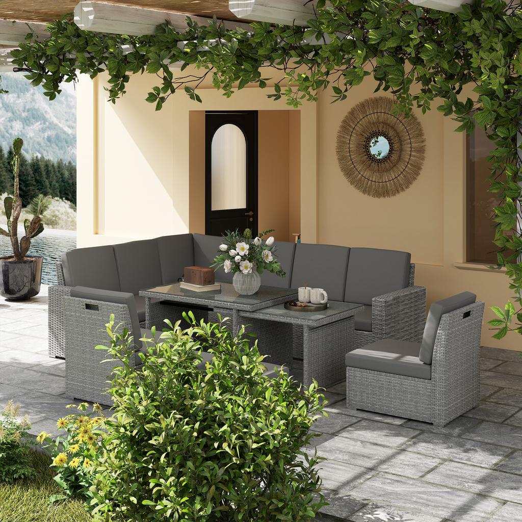 Seven-Piece Rattan Garden Sofa Set, with Expanding Table - Light Grey