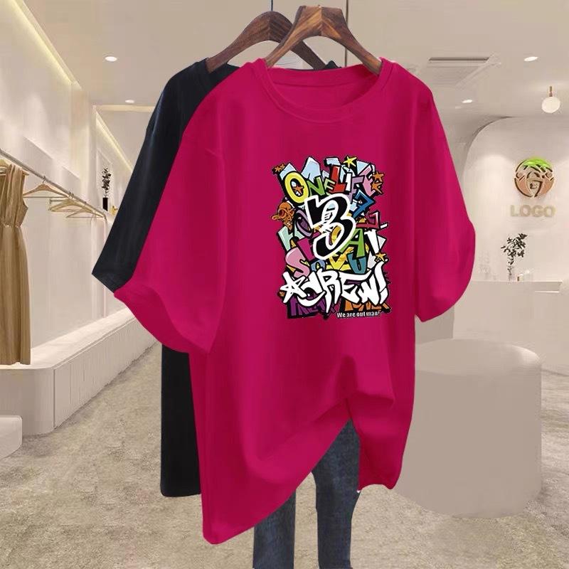 

Medium and long black cotton cartoon with short-sleeved T-shirt for women s 2025 early spring new large-size loose top XL