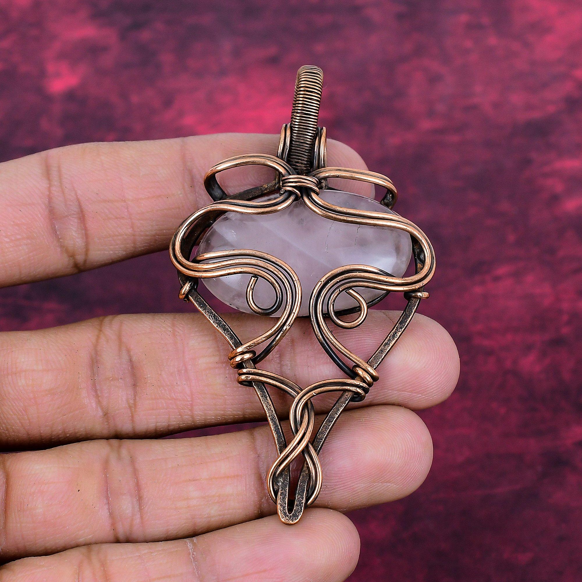 Rose Quartz Pendant Genuine Gemstone Pendant Copper Wire Wrapped Handmade Jewelry