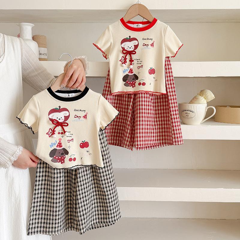Girls Summer Cotton Short Sleeve T Shirt And Plaid Shorts Set Cute Print Two Piece Casual Outfit For Kids