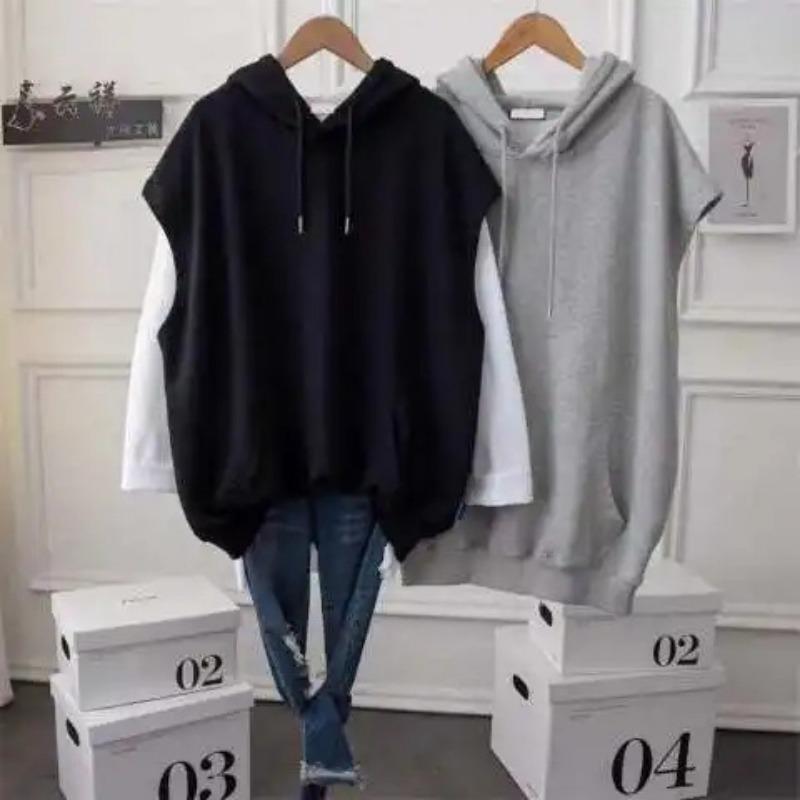 Spring and Summer Loose Large Size Simple Sleeveless Jacket Hooded Vest Sweatshirt