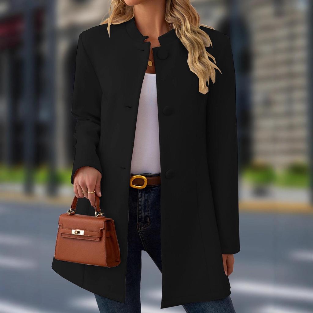 2025 European Plus Size Women's Casual Stand Collar Mid-Length Wool Coat - Autumn/Winter Collection