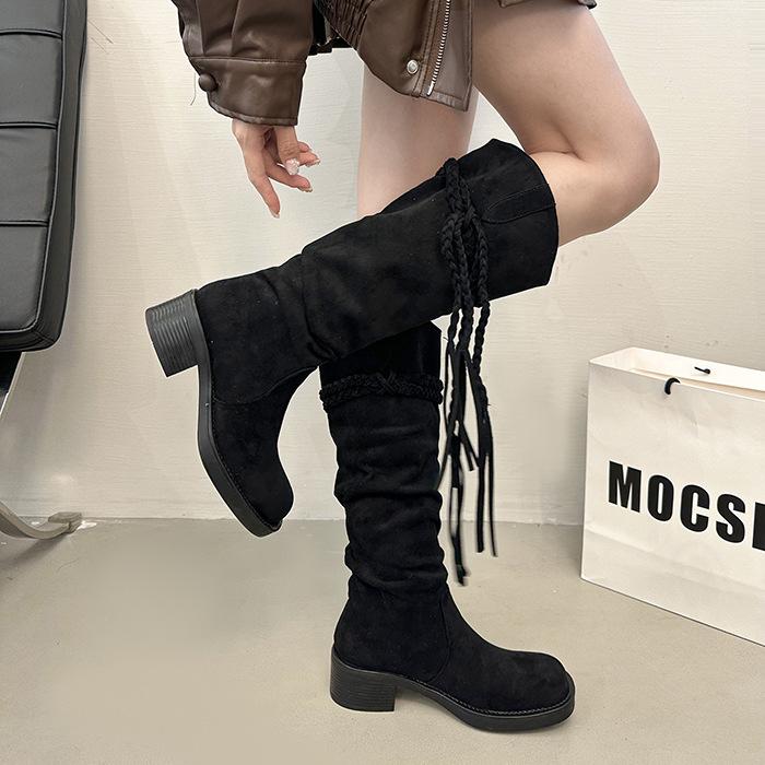 Wasteland wind retro fringed woven knight boots long boots women's autumn and winter new thick heel suede stacking boots high boots