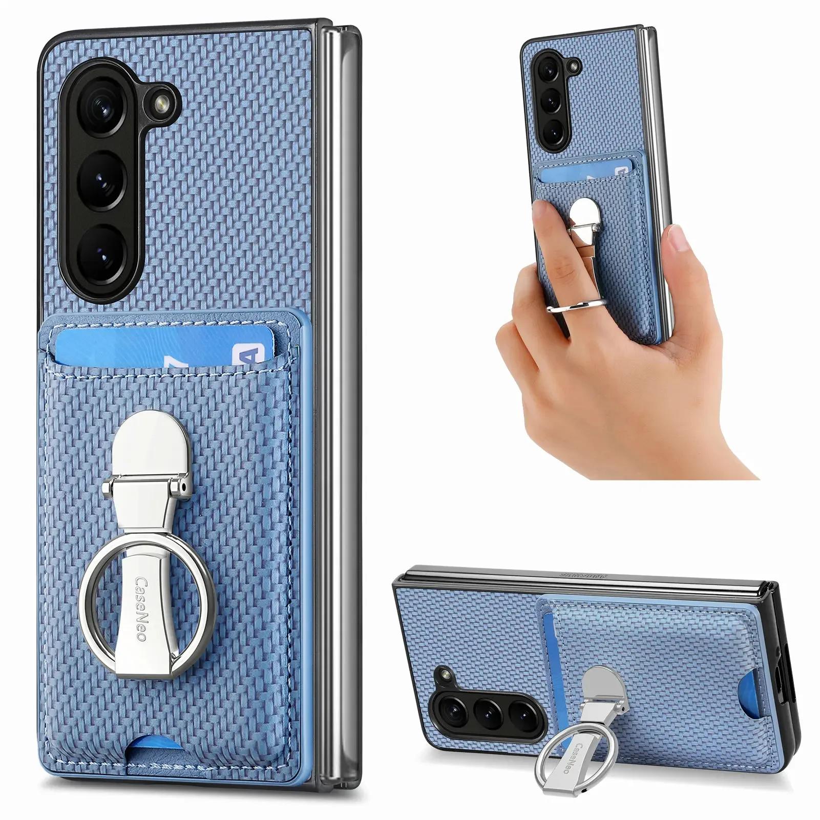 

Carbon Fibre Cards Solt Wallet Kickstand Case for Samsung Z FOLD 6 5 4 5G Fold5 Finger Ring Holder Bracket Anti-drop Bag Cover For Samsung Z FOLD 4 синий