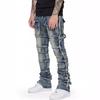 Modische Herren-Arbeitshose aus Stretch-Denim mit geradem Bein, Flicken-Details und geschichtetem, leicht ausgestelltem Design