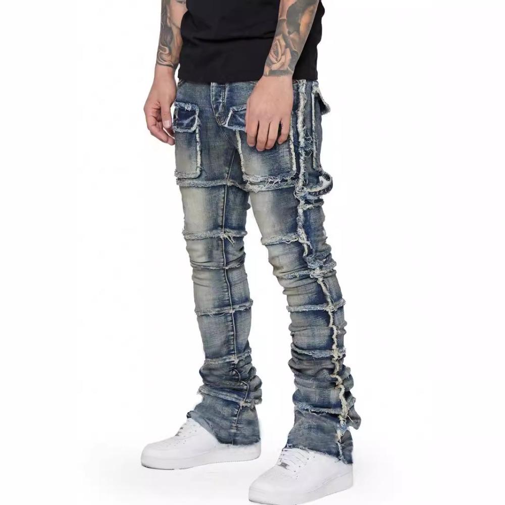 Modische Herren-Arbeitshose aus Stretch-Denim mit geradem Bein, Flicken-Details und geschichtetem, leicht ausgestelltem Design
