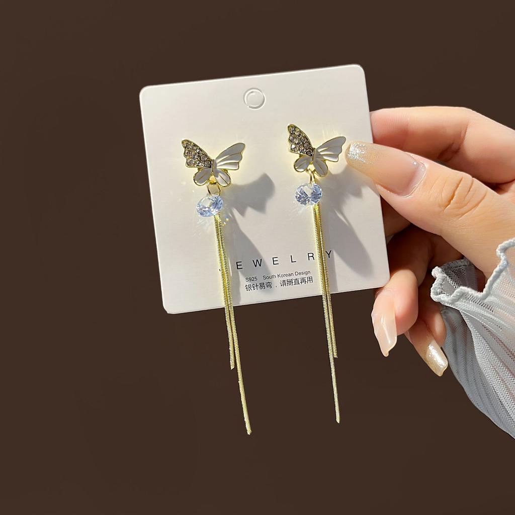 Tassel Earrings Diamond Butterfly Flower Pearl Stud Earrings Temperament Fashion Long Thin Earrings
