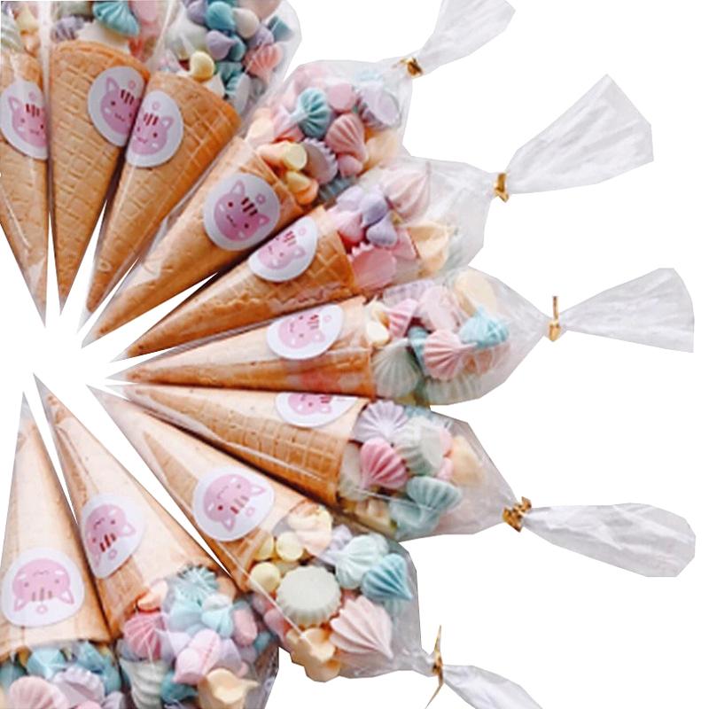 100Pcs Clear Cone Candy Storage Bags Cones Transprant Plastic Bag Popcorn Candy Bags For Baby Shower Wedding Party Bags Supplies