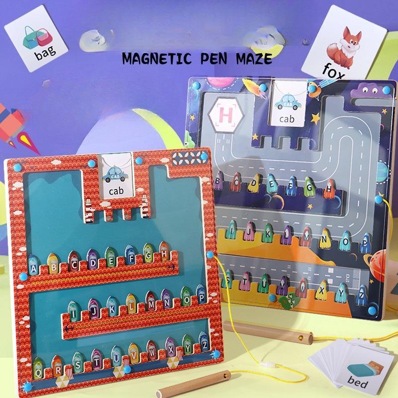 Children's wooden magnetic letter pairing spelling word maze, early education puzzle magnetic pen walking ball holding pen toy
