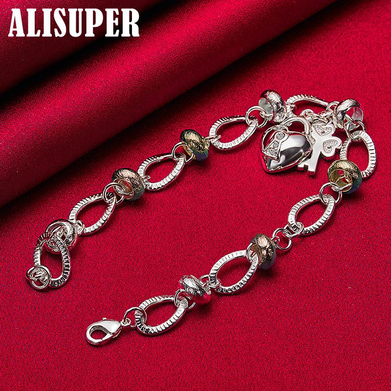 925 Sterling Silver Heart Lock Clover Flower AAA Zircon Bracelet Jewelry