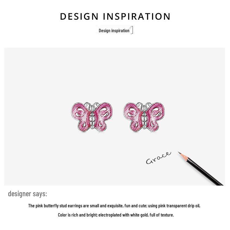 Aifle Sterling Silver S925 Pink Butterfly Earrings with Platinum-Plated Oil-Drop Design