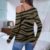 Women's Spring, Autumn and Winter Models Zebra Print Strapless Collar Long-sleeved T-shirt Tops