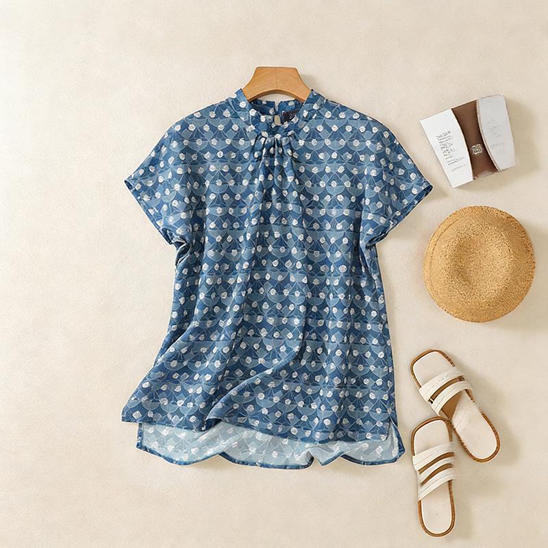 

ZANZEA Women Casual Stand Collar Summer Short Sleeve Print Blouse 5XL синій