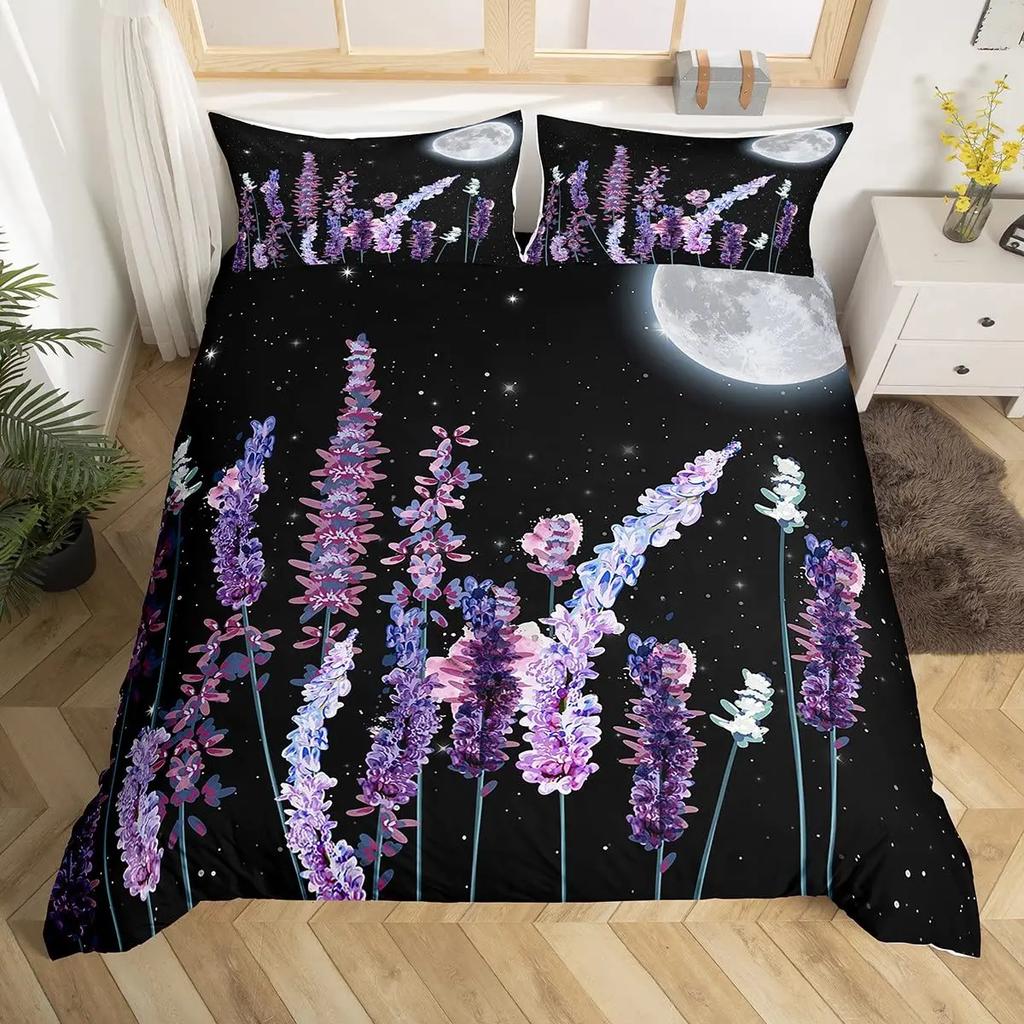 Lavendel Bettbezug Set King Size Lila Blume Romantisches und Schönes Bettwäscheset für Mädchen Frauen 2/3tlg. Polyester Steppdeckenbezug