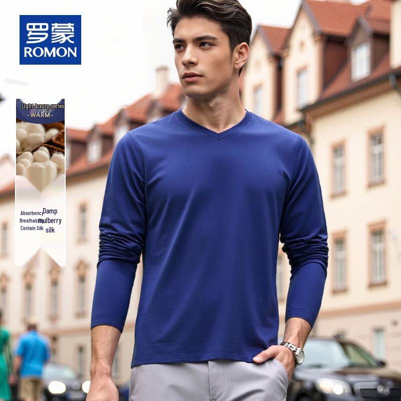 ROMON Herren V-Ausschnitt Langarm Seidenmischung T-Shirt