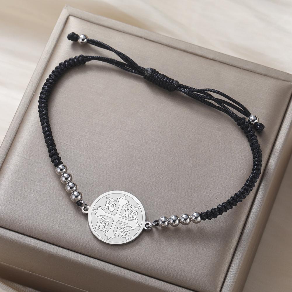 Dawapara Orthodox Cross Bracelet Adjustable Braided Rope Chain Religious Protection Amulet Stainless Steel Eastern Cross Jewelry