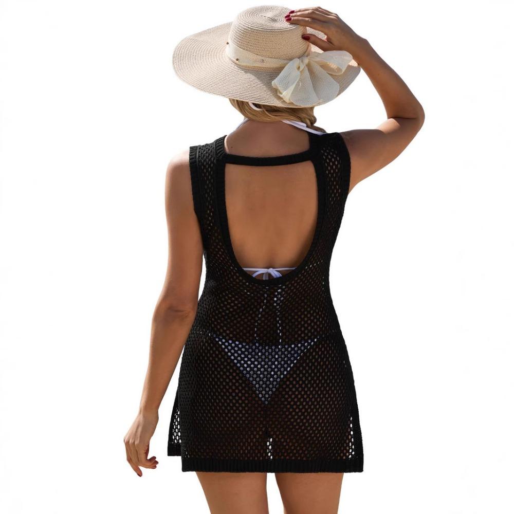 Women's Swimsuit Cover-up Knitted Crochet Hollow-out Back Beach Dress Bikini Cover-up Without Sleeves Connected