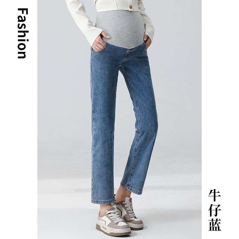 

2 High-elastic denim pipe pants for pregnant women, spring elastic belly support pants, loose outer wear, casual trendy mother straight pants 3XL джинсовый синий