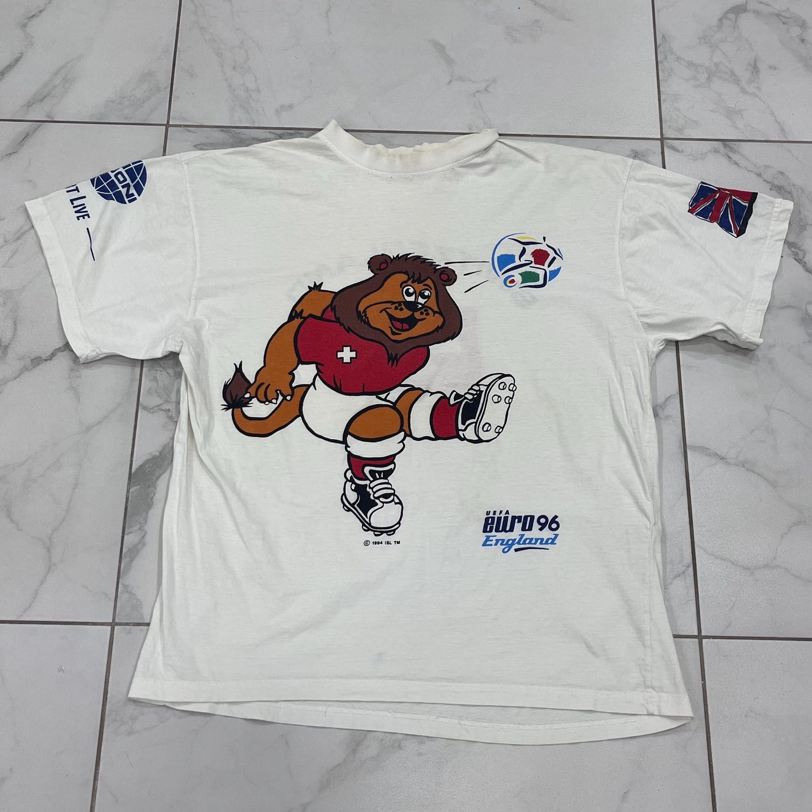 Vintage UEFA Euro 96 England Switzerland Mascot T-Shirt White Single Stitch XL 3XL