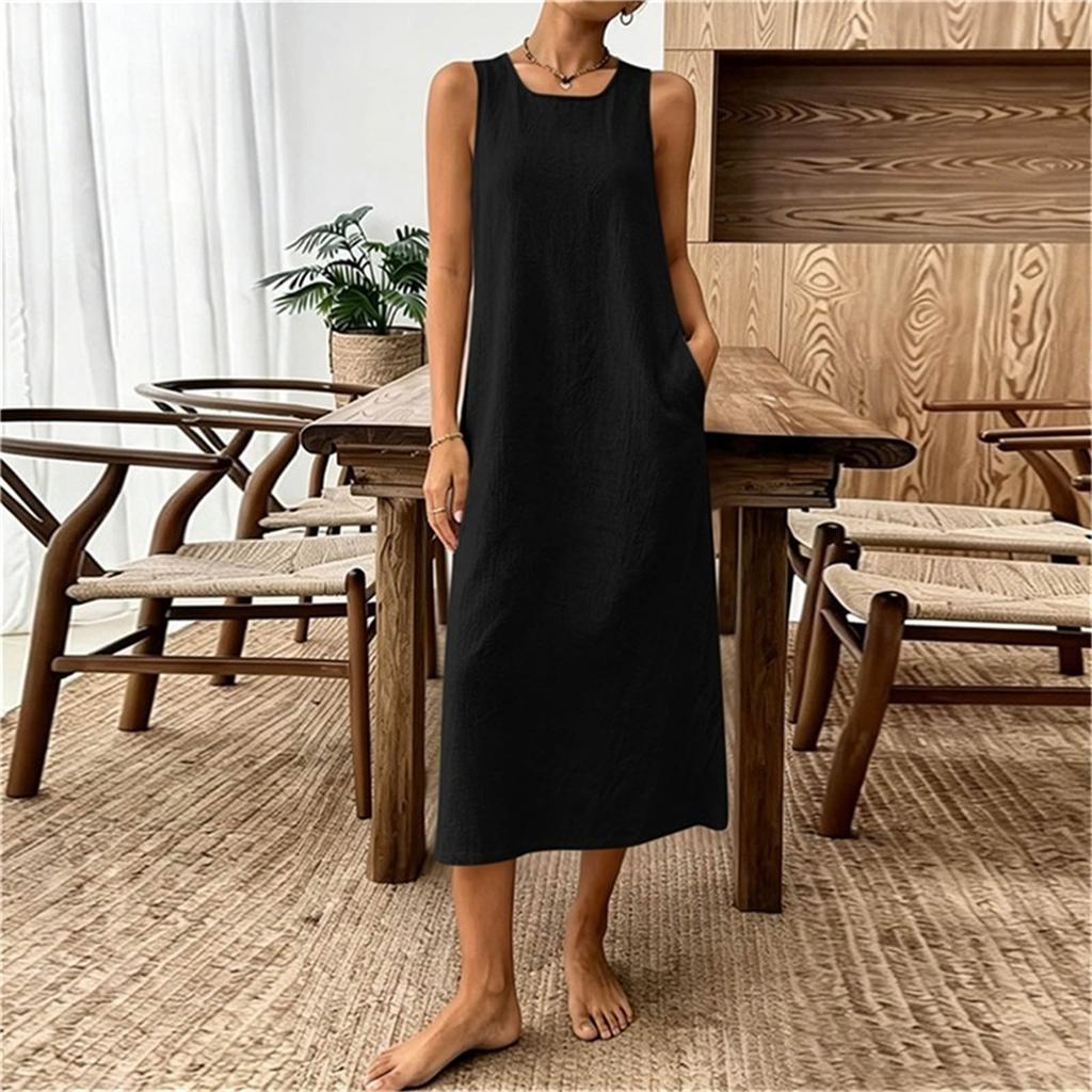 Ärmelloses Damen-Freizeitkleid aus Leinen-Baumwollmischung, Midi, lockere Passform, Rundhalsausschnitt, Sommer-Strandkleid mit Taschen